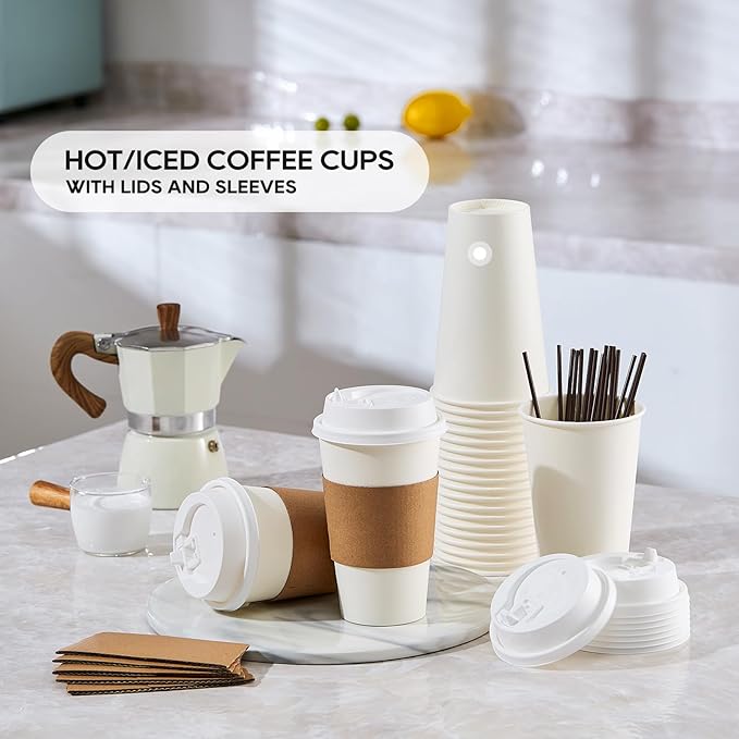 JOLLY PARTY [50 Pack] 16 oz Paper Coffee Cups, Disposable Paper Coffee Cup with Lids, Sleeves, and Stirrers, Hot/Cold Beverage Drinking Cup for Water, Juice or Tea, Suitable for Home, Shops and Cafes