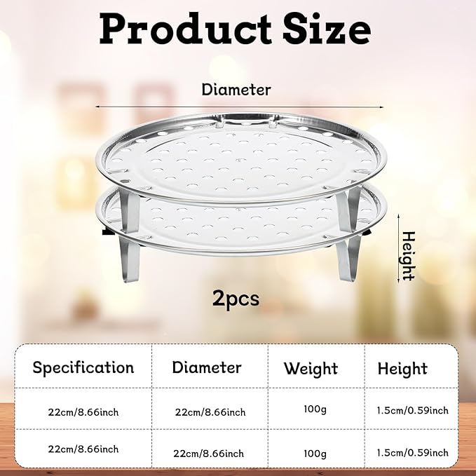 Steamer Basket for Pot, 2PCS 8.7 Inch Round Food Steamers Insert Stainless Steel Steaming Basket Multi-function Steamer Rack Tray with Removable Stand for Vegetable, Dumplings, Fish, Seafood Cooking
