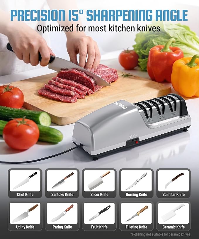 Electric Knife Sharpener for Kitchen Knives, Detachable Sharpening Head, 3-Stage Knife Sharpener Electric, 100% Diamond Abrasive, 15-Degree Precision Angle, Fast Sharpening, Polish (Silver)