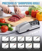 Electric Knife Sharpener for Kitchen Knives, Detachable Sharpening Head, 3-Stage Knife Sharpener Electric, 100% Diamond Abrasive, 15-Degree Precision Angle, Fast Sharpening, Polish (Silver)