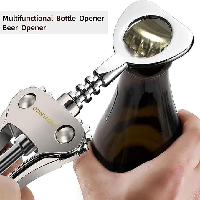 Wing Corkscrew Wine Opener, Premium Zinc Alloy Manual Bottle Opener, Heavy Duty Multifunctional Tool for Kitchen, Bar, Restaurant & Waiters (Matte Silver)