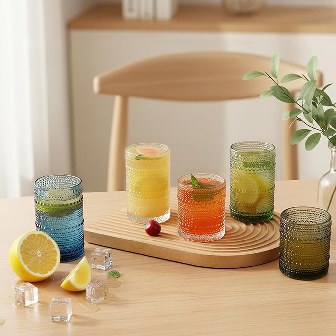 Moretoes Hobnail Drinking Glasses Set of 6,12 Oz Highball Glasses Clear Embossed Boho Water Glass Cups Kitchen Bar Tumbler Glassware Set for Whiskey, Beer, Juice, Milk and Various Mixed Drinks (Green)