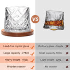 Rotatable Old Fashioned Glass, 275ml/10oz Crystal Whiskey Glass Set of 4, Wood Coaster, Thickening, Used as Rum Glass, Cocktail Cup, Coffee Cup, Milk Cup to Relax and Reduce Stress, Christmas gifts
