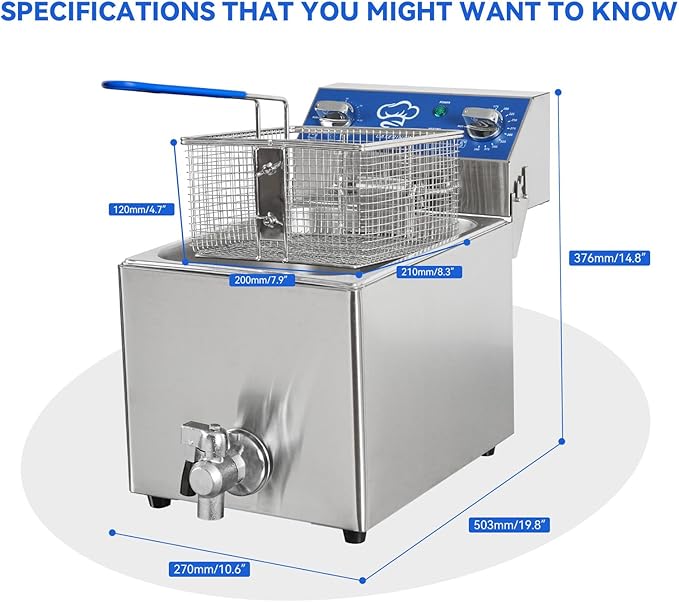 TOPKITCH 6.3Qt Electric Fryer with Oil Drain,30 Minutes Timer,Stretch forming oil tank,Lid and Solid Wire Mesh Basket,Light Duty Commercial Electric Countertop Deep Fryers-120V,1800W