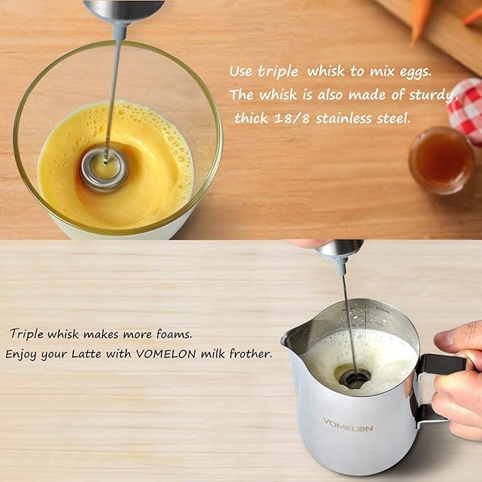 Milk Frother Handheld, Battery Operated Travel Coffee Frother Milk Foamer Drink Mixer with 2 Stainless Steel Whisks for Hot Chocolate, Batteries Included, Silver