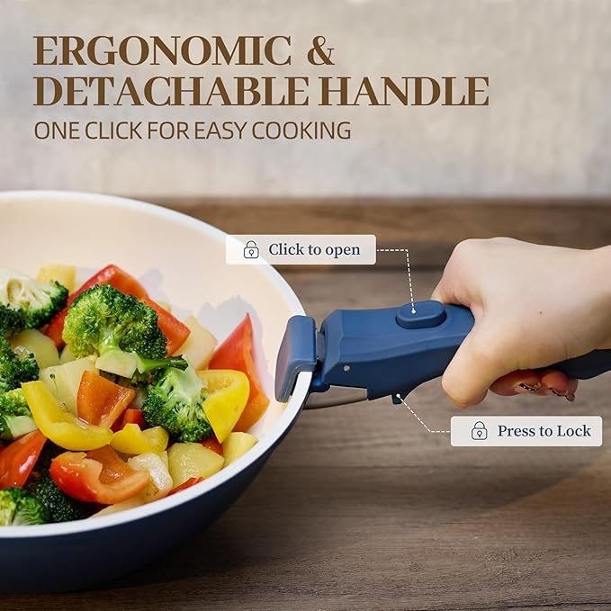 23Pcs Ceramic Cookware Set Non Stick Pots and Pans Set Non Toxic with Detachable Handle Induction Kitchen Cookware Set Space Saving, Oven & Dishwasher Safe, Navy