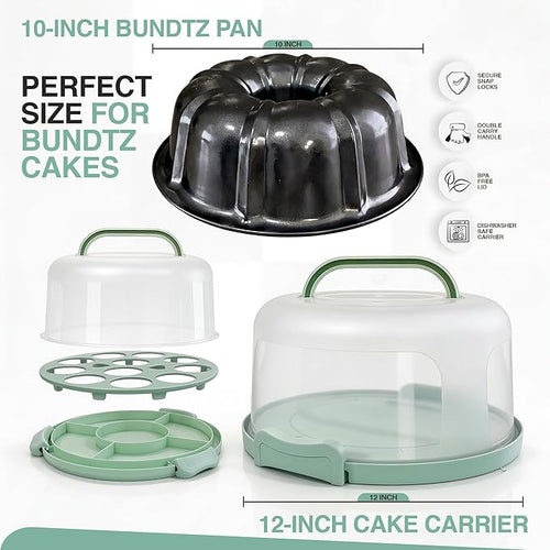 10 inch Buntz Cake Pan Non stick with 12in Cake Carrier for Easy Transportation - Premium Fluted Cake Pans For Oven, Cake Mold, Moldes para Gelatinas