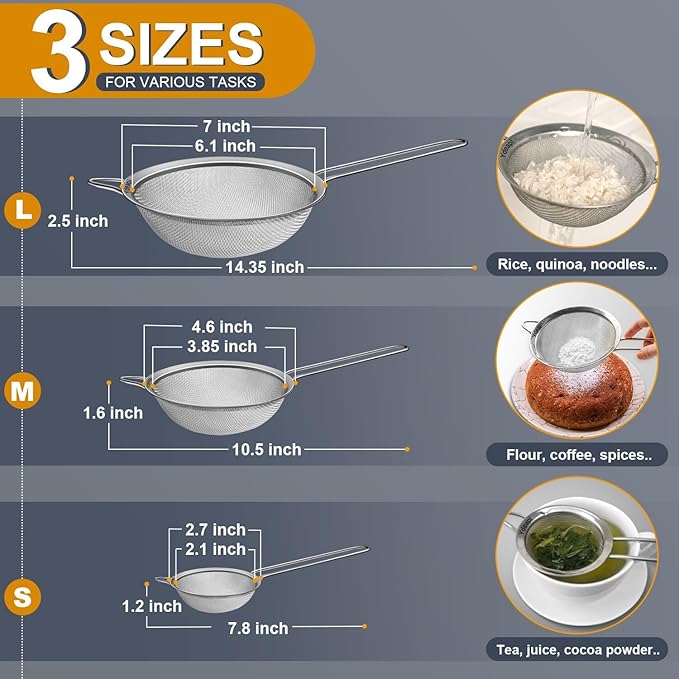 Ydeapi Fine Mesh Strainer, Stainless Steel Strainers with Sturdy Handle, Set of 3 Metal Sieve for Kitchen Food, Rice, Quinoa, Tea - 7", 4.6", 2.7"