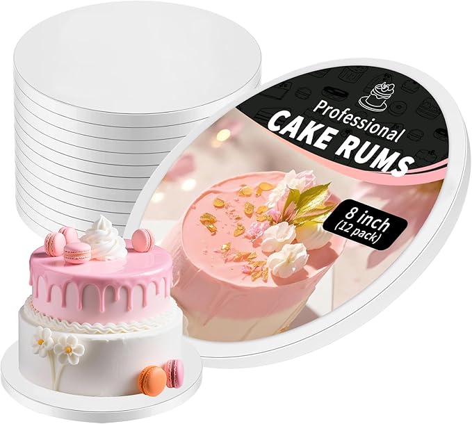 12 PCS White Cake Round 8 Inch Cake Boards with 1/2-Inch Thick Smooth Edges for Multi Tiered Birthday Wedding Party Cakes Board. (8inch(12pack))