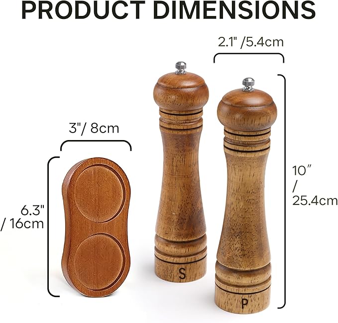 Wooden Salt and Pepper Grinder Set, Premium Oak Wood Salt Grinders Shakers, Pepper Mill with S and P Engraving, Adjustable Ceramic Grinder (10″ - 2 Packs with Tray)