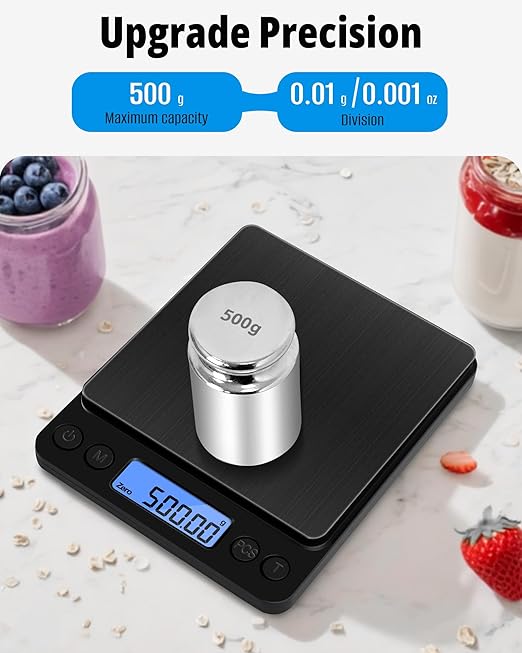 NEXT-SHINE Gram Scale 500g x 0.01g Precision, Mini Pocket Size Scales with 2 Plastic Trays LCD Display, Weighing Coffee Espresso Small Food
