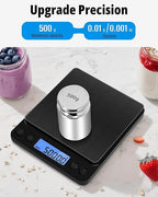 NEXT-SHINE Gram Scale 500g x 0.01g Precision, Mini Pocket Size Scales with 2 Plastic Trays LCD Display, Weighing Coffee Espresso Small Food