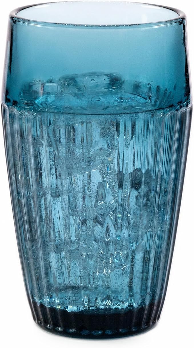 Blue Drinking Glasses Set of 4, 14 oz Ribbed Textured Glass Tumblers, Tall Retro Colored Drinkware for Water & Cocktails, Decorative Highball Glasses for Home & Bar, Modern Vintage Glassware Gift Set