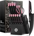 Knife Set - 15 PCS Kitchen Knife Set with Built-in Knife Sharpener Block - Stainless Steel Knife Block Set - Dishwasher Safe, Elegant Box for Her Women Wife, Valentines Day, Pink