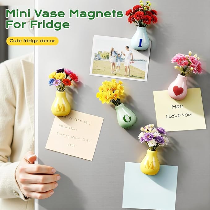 Renmxj 5 Pcs Mini Fridge Magnets, Cute Mini Ceramic Vase with Artificial Flowers, Tiny Pots Plant Vase for Kitchen Refrigerator Office Locker Decor, for Mom