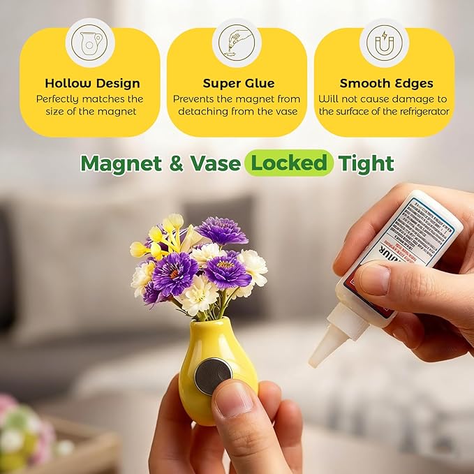Renmxj 5 Pcs Mini Fridge Magnets, Cute Mini Ceramic Vase with Artificial Flowers, Tiny Pots Plant Vase for Kitchen Refrigerator Office Locker Decor, for Mom