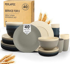 40 PCS Wheat Straw Dinnerware Set | Service for 8 Plastic Dishes Set Unbreakable Plates and Bowls Sets, Drinking Glasses, Dishwasher and Microwave Safe Dish Set for KItchen - Gray Stone