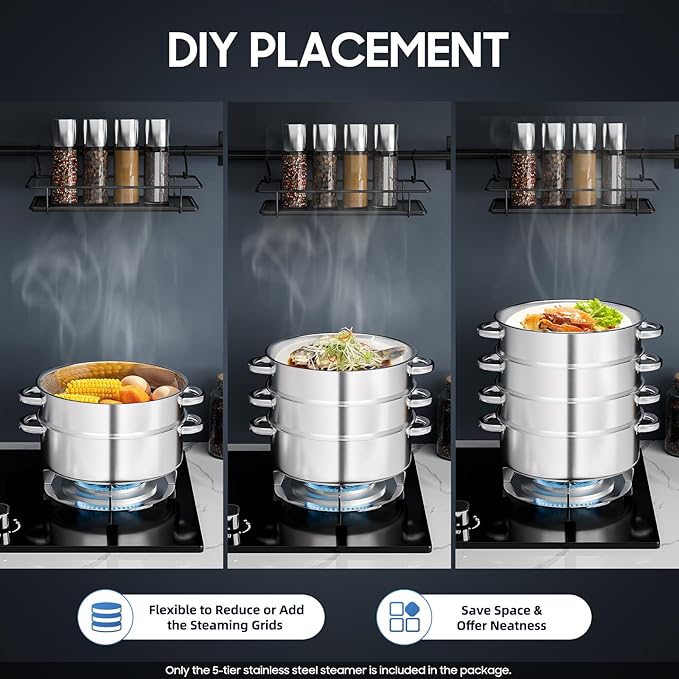 5 Tier Steamer Pot, Stackable Kitchen Steamer with One Piece Bottom Clear Visible Lid Large Capacity and Anti-Scald Handles Detachable Combination Storage Stainless Steel Steamers Pot for Dumplings Etc