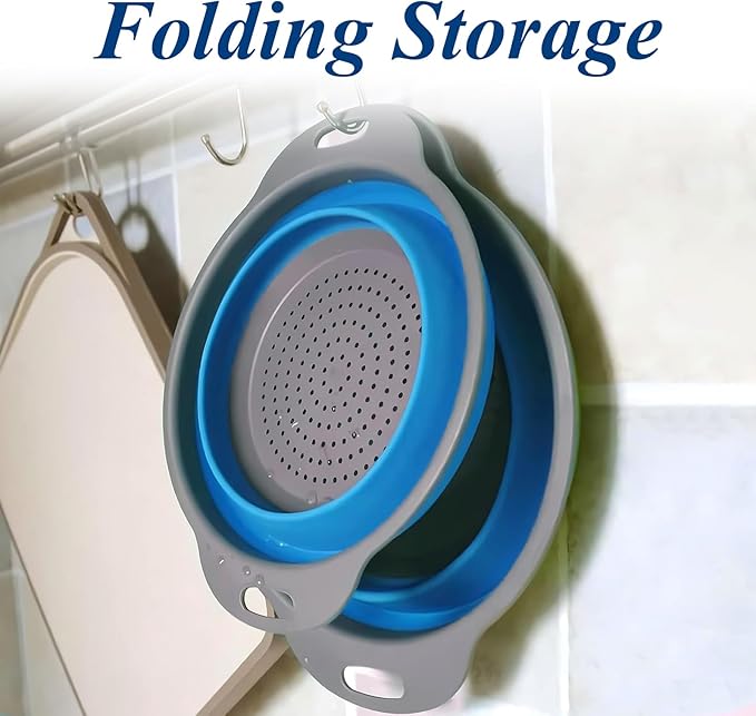 Collapsible Colander Set of 3, Space-Saving Foldable Strainer for Kitchen, 3 Sizes Food Strainer for Draining Pasta, Vegetable and Fruit, Kitchen Gadgets for Home Use and Outdoor Camping (Blue)