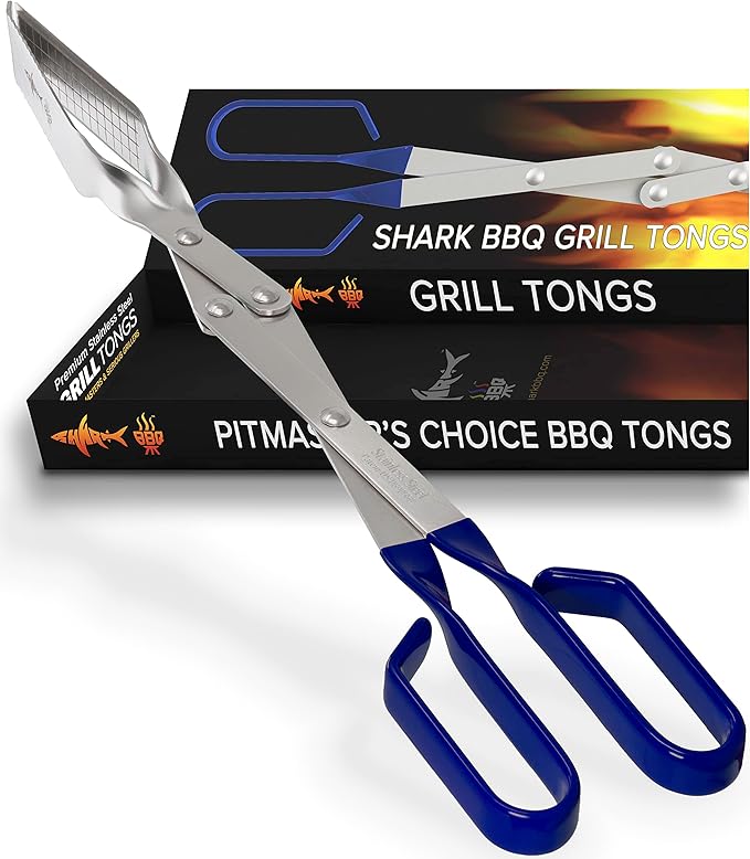 Shark BBQ Grill Tongs - 17 inch (Blue) Steak Tongs. Professional kitchen and outdoor grilling utensil. Long reach Barbeque Grilling Tong. Ideal for steak, fish, burger, and sausage