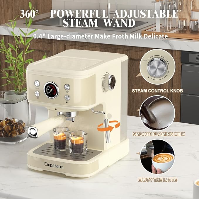 Empstorm Espresso Machine 20 Bar, 2 in 1 Espresso Maker with Milk Frother Steam Wand for Latte and Cappuccino, Powder and Capsule Portafilter, 50oz Removable Water Tank Coffee Machine for Home-White
