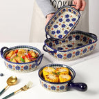 Vintage Style Blue Flowers Phalaenopsis Pottery Bakeware Ceramic Casserole Dish Baking Pan Lasagna Pans Baking Dish with Handles for Oven to Table-1 PCS, 20 OZ