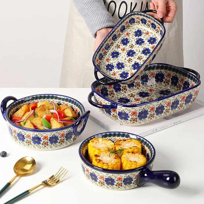 Vintage Style Blue Flowers Phalaenopsis Pottery Bakeware Ceramic Casserole Dish Baking Pan Lasagna Pans Baking Dish with Handles for Oven to Table-1 PCS, 20 OZ