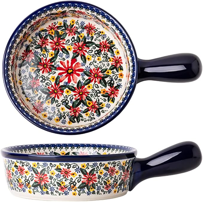 Red Daisy Flower Vintage Style Ceramic Bakeware Casserole Dish Baking Pan Lasagna Pans Baking Dish with Handles for Oven/Cooking/Kitchen-1 PCS-20 OZ