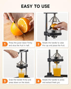 CO-Z Manual Citrus Juicer, Heavy-Duty Manual Juicer with Conical & Flat Pressure Plates, Professional Lemon Squeezer for Orange Pom Lime Lemon Juice, Dishwasher Safe Orange Juice Press, Black