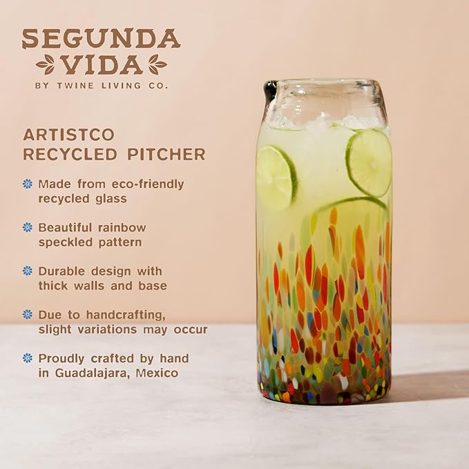 Segunda Vida Artistico Recycled Glass Carafe, Hand Blown Pitcher, Home Cocktail Bar Gifts, Colored Mexican Pitcher, 42oz Set of 1