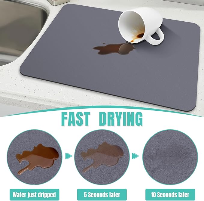 WISELIFE Coffee Mat Super Absorbent Dish Drying Mat Bar Accessories Match with Coffee Machine Large Drying Mats for Kitchen Counter 17" W x 30" L, Grey