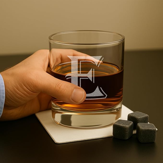 On The Rox (E-Monogram)- 4 Piece Set of 11 Ounce Engraved Heavy Base Rocks Glasses Elegant Glass-Multi-Purpose Beverage-Rocks Glass- Gift for any Occasion