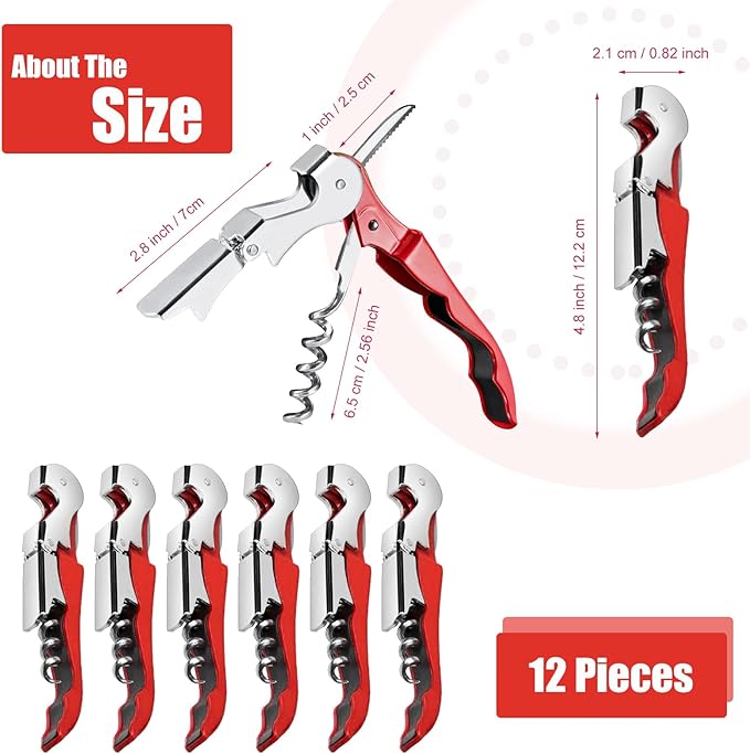 12 Pieces wine key wine opener Professional Waiter Corkscrews Stainless bottle opener Fold Serrated Foil Cutter Key for Family, Company Party,Bars,Restaurants(red)