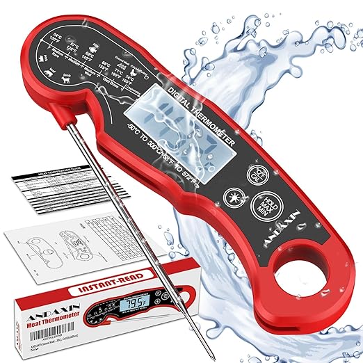 Meat Thermometer Digital for Grilling and Cooking - ANDAXIN Waterproof Ultra-Fast Instant Read Food thermometers with Backlight & Calibration for Kitchen, Deep Fry, BBQ, Grill(Red/Black), LCD