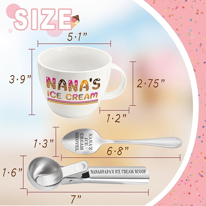 Nana Papa Gifts from Grandkids Ice Cream Bowls and Spoon Scoop Set, Nana and Papa Gifts for Grandparents Day from Granddaughter Grandson Ice Cream Bowl Accessories, Anniversary for Couples