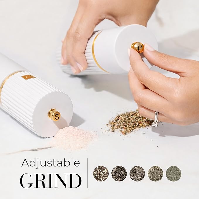 Wooden Salt and Pepper Grinder Set – Refillable Manual Salt and Pepper Mills with Adjustable Ceramic Burrs, Gold Detailing, and Wood Stand – White
