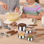 Wooden Handle Measuring Cups and Spoons Set 304 Stainless Steel Metric and US Measurements, Stackable Cups and Spoons, Fits for Measuring Dry and Liquid Ingredients