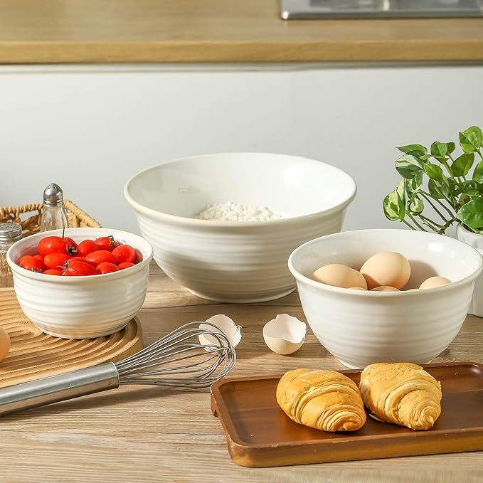 HASENSE Ceramic Mixing Bowls Set, 2.1/1.0/0.5 Qt, Handmade Salad Serving Bowls for Kitchen, Deep Nesting Dishes for Storage and Baking, Microwave Dishwasher Safe, Clay-Infused White