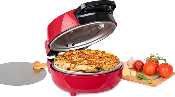 Homecraft Stone Baked Pizza Oven – 12in Woodfired Style Indoor Electric Countertop Pizza Maker – Ceramic Stone & Stainless Steel Peel – Variable Temp Control to 750°F – Homemade Pizza in Minutes-Red