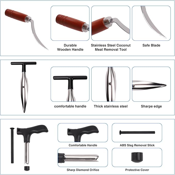 Coconut Opener Tool Set with Straws, Stainless Steel Straw Hole Punch and Coconut Meat Remover Scraper