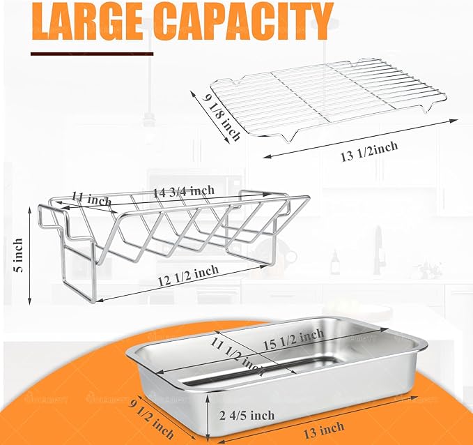 Turkey Roaster Roasting Rack with Pan, Stainless Steel Poultry Turkey Roasting Pan for Smoker Smoking and Grilling/Dual Purpose fit for Oven, Large Size Big Green Egg and Kamado Joe Etc