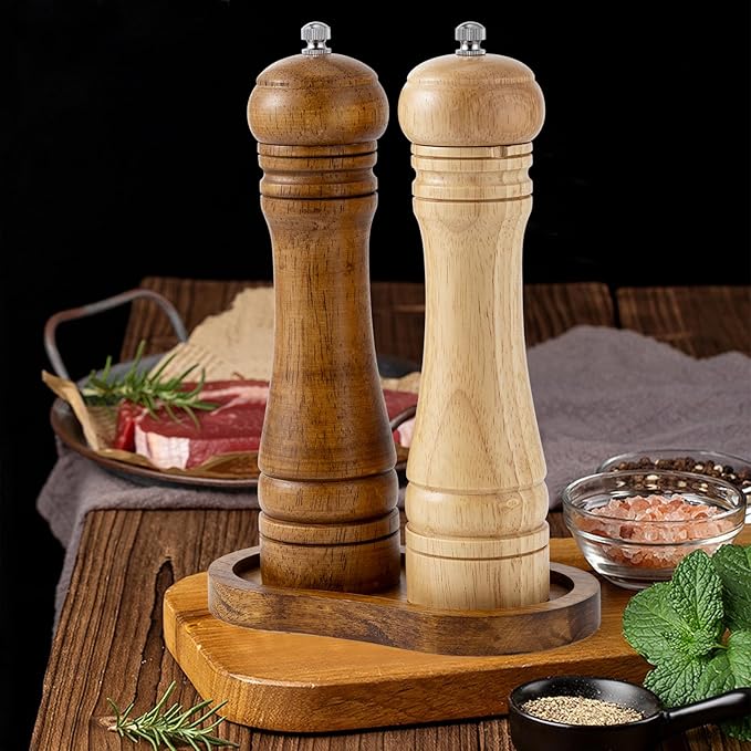 Salt and Pepper Wood Mill Tray, Retro Colour Pepper Grinder Rest, Work Surface and Dining Table Protector (Pepper Mill not Included)