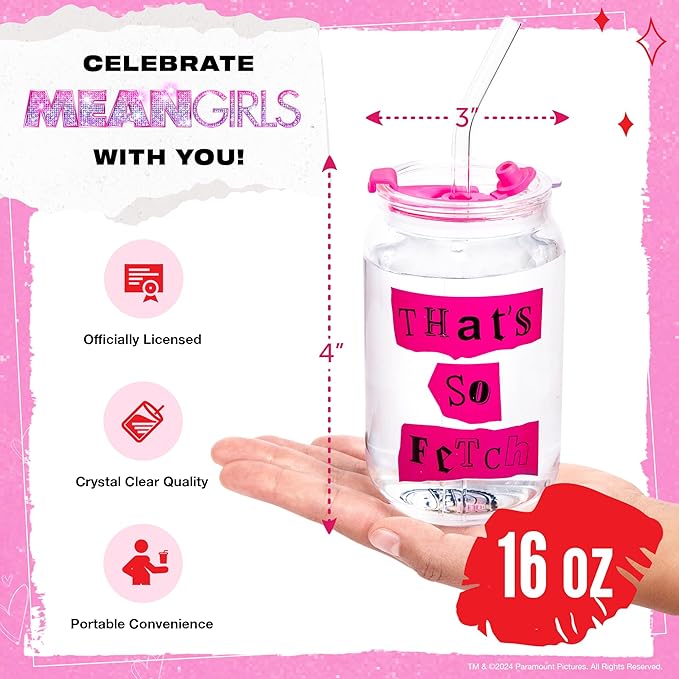Dragon Glassware x Mean Girls - 16 oz Glass Cups with Lids and Straws, Set of 2 - Iced Coffee Cups with Lids - Versatile Glass Tumbler with Straw and Lid - That's So Fetch & Movie Quotes