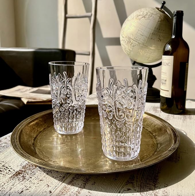KLIFA- BLOIS- 20.5 ounce, Set of 6, Acrylic Highball Drinking Glasses, BPA-Free, Stackable Plastic Drinkware, Dishwasher Safe, Vintage Looking Cups, Clear