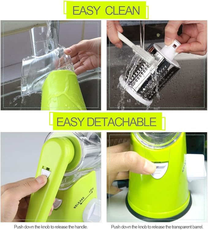 Cambom Rotary Cheese Grater Hand Crank Cheese Shredder for Fresh Cheese, Vegetable, Nuts,Non-slip Suction Base, Free Cleaning Brush Three Blades, Green