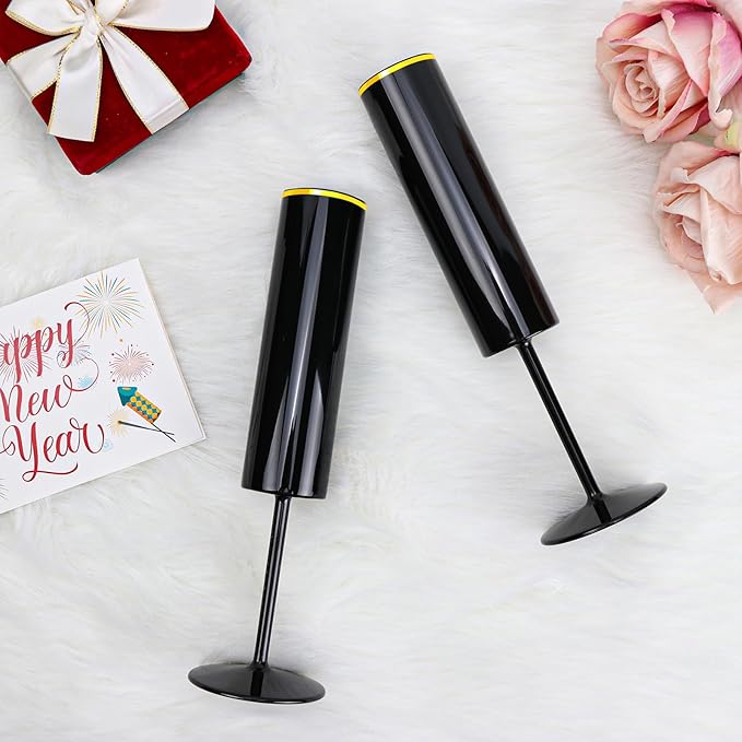 12 Pack Champagne Flute Acrylic 5.4 Oz Black Champagne Flutes Gold Rim Disposable Champagne Glasses Wedding Toasting Glasses Reusable Square Stemmed Wine Glasses for Wedding Christmas Halloween