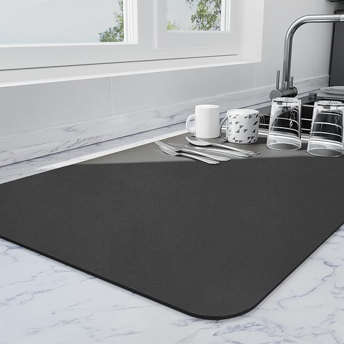 Ecotrim - Dish Drying Mat for Kitchen Counter | Coffee Bar Mat for Countertops | Heat Resistant Drainer Mat with Non-slip Rubber Backed | Hide Stain Kitchen Absorbent Draining Mat | Black 18"x32"