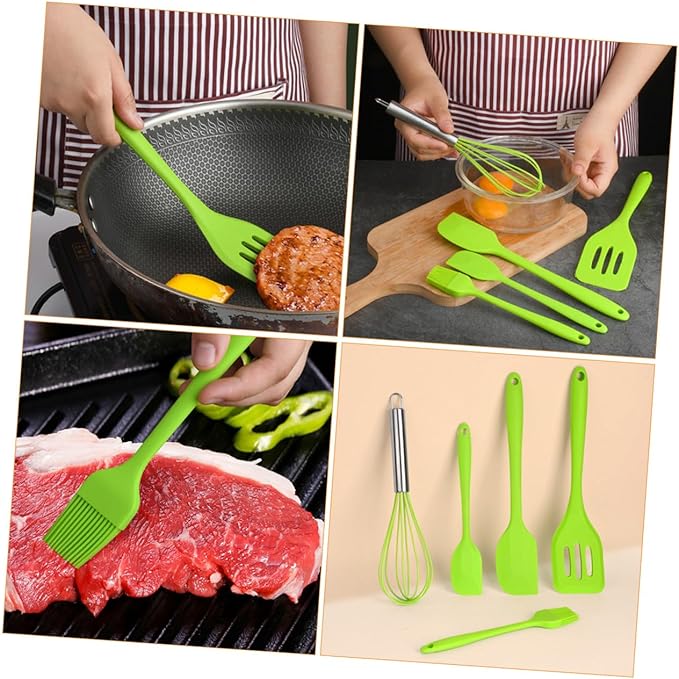 5pcs Kitchen Silicone Utensil Set Green Nonstick Baking Tools with Egg Whisk and Spatula Food-grade Silicone Cooking Gadgets for Mixing Scraping and Stirring