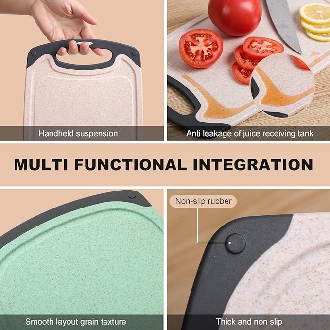 Kitchen Cutting Board Set 3 Piece Wheat Straw Plastic Cutting Boards for Kitchen with Juice Grooves Easy Grip Handle Bpa Free Non Porous Non Slip Dishwasher Safe Chopping Board (Beige + Green + Pink)