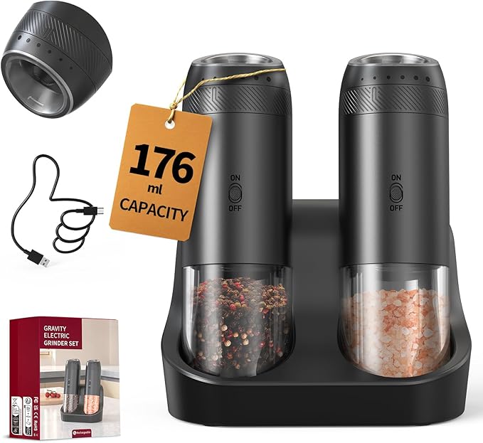 CIRCLE JOY Gravity Sensor Salt and Pepper Grinder Set with Rechargeable Base, Electric Salt and Pepper Grinder Set with External Adjustment, 176ml Capacity and One-handed Operation, Black